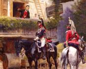 爱德华 德太耶 : Mounted First-Empire Dragoons In Front Of A Country House